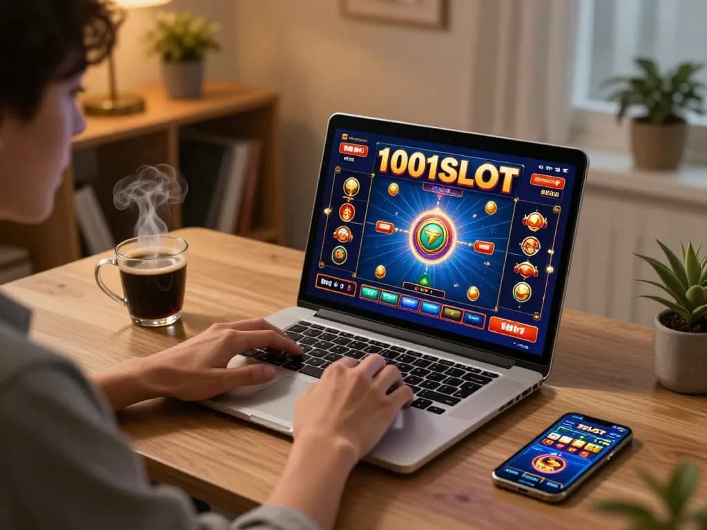 Engaging gameplay of 1001SLOT on a laptop, showcasing strategic online gambling at home.