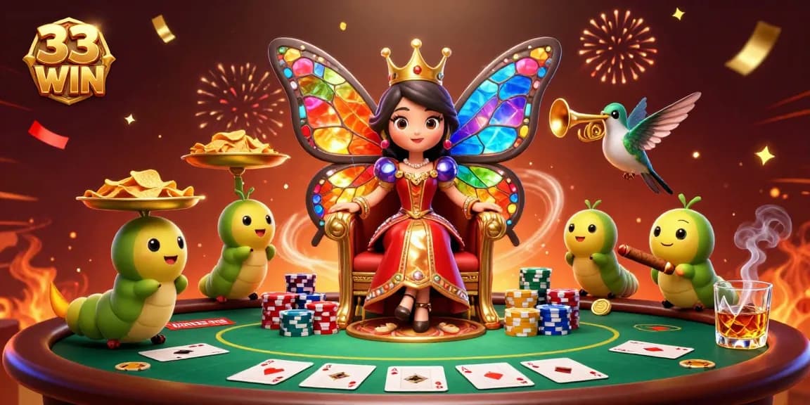 Experience the excitement of 33 WIN with a vibrant casino scene featuring a butterfly queen and poker elements.