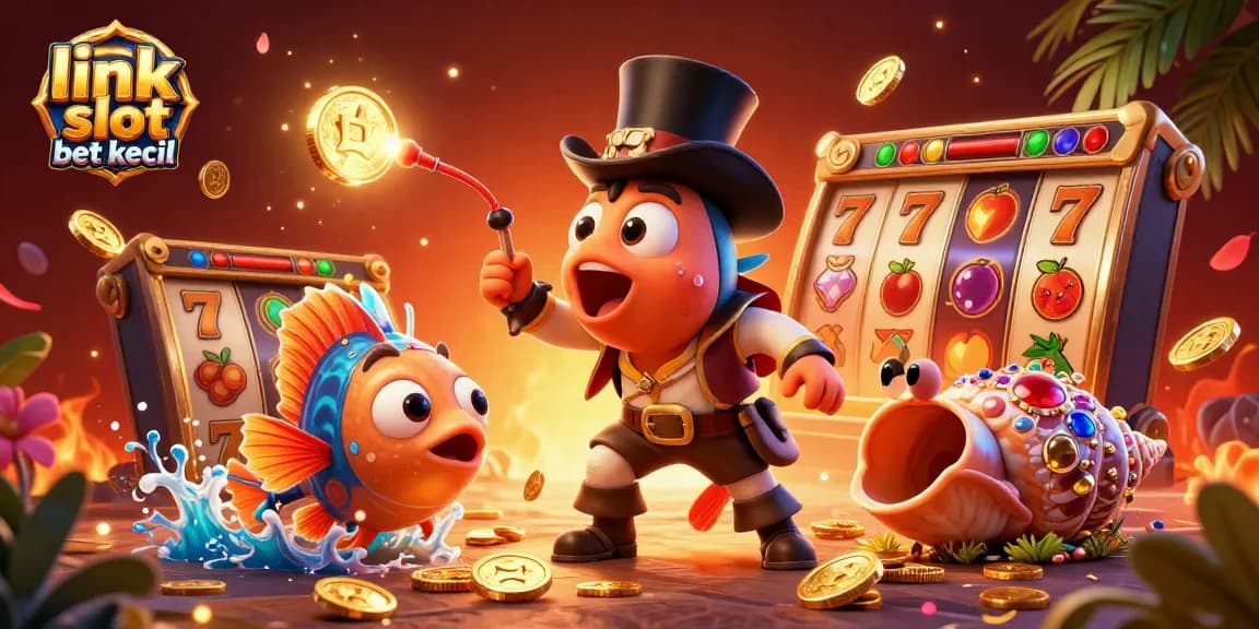 Engage in thrilling gaming with link slot bet kecil, featuring 3D characters amid vibrant casino elements.
