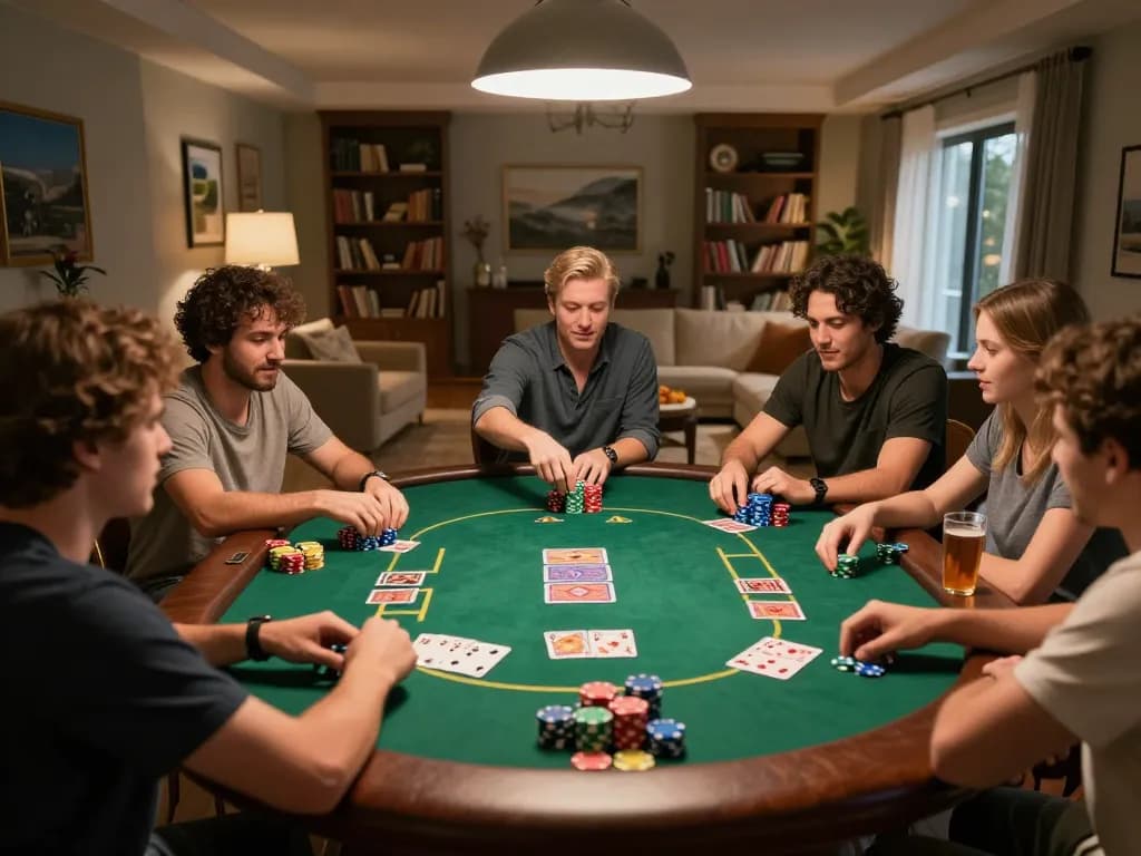 Players engaging in a poker game at home using bl555 strategy, showcasing excitement during gameplay.