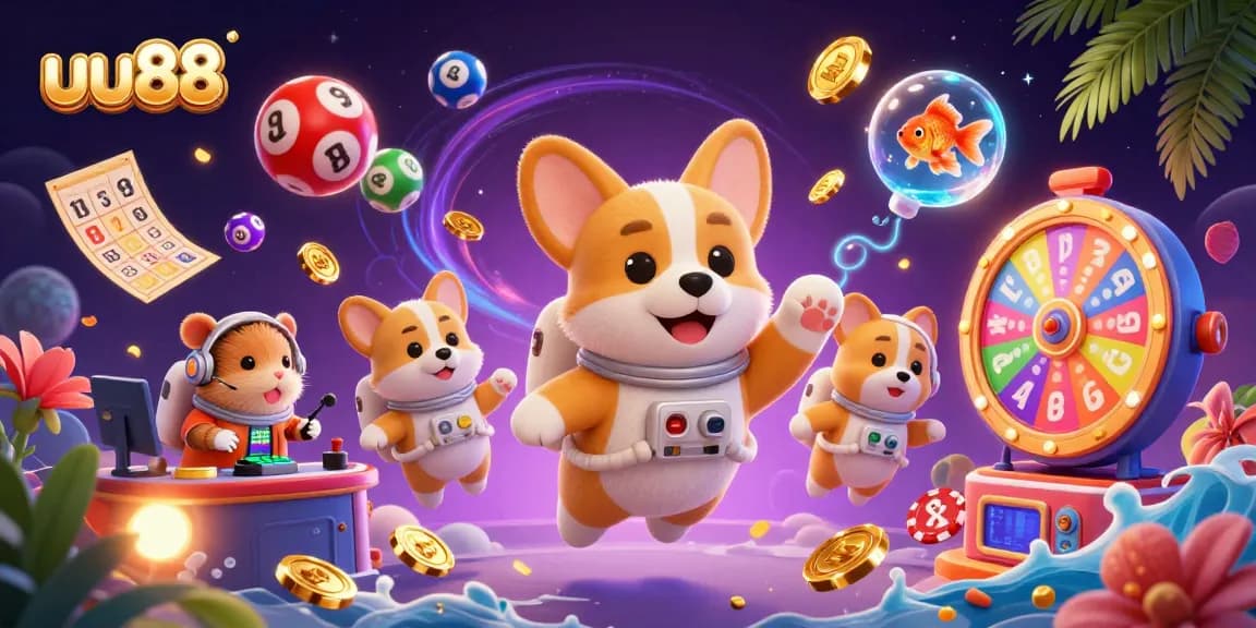 Experience uu88's immersive games with a playful astronaut corgi in a festive casino scene.