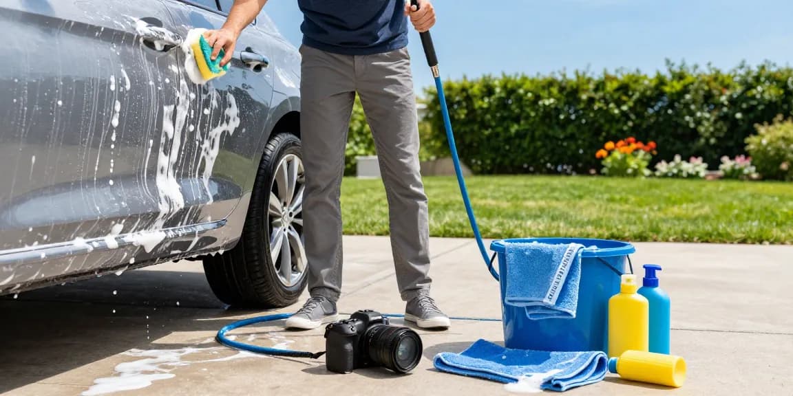 AQUA CREST Inline Water Filter, Dedicated for Car Washing setup during a home car wash, showcasing effective filtration and cleaning.