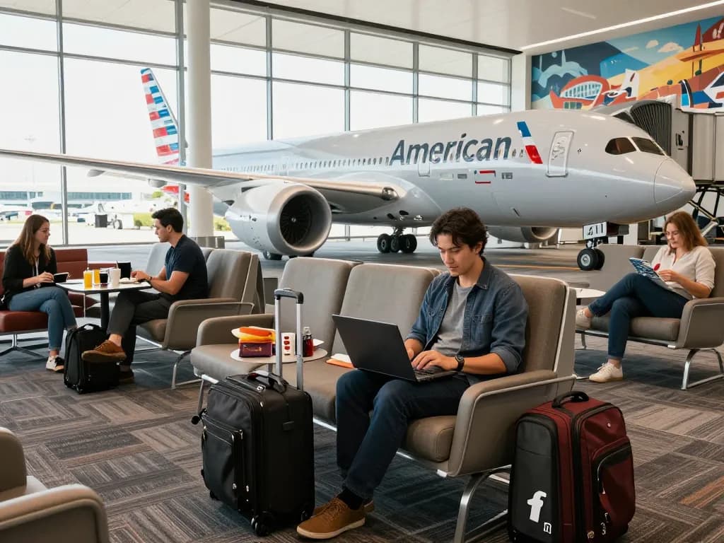 Traveler preparing for a flight on the 789P Dreamliner at a stylish airport lounge.