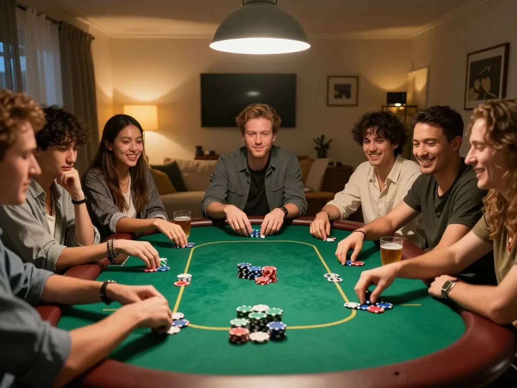 Tài Xỉu MD5 players engaging in a lively home game, strategizing bets with colorful chips on the table.