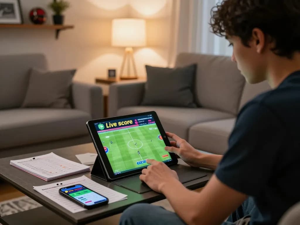 Suasana permainan yang menarik menunjukkan pembaruan Skor Langsung di tablet selama sesi taruhan di rumah.