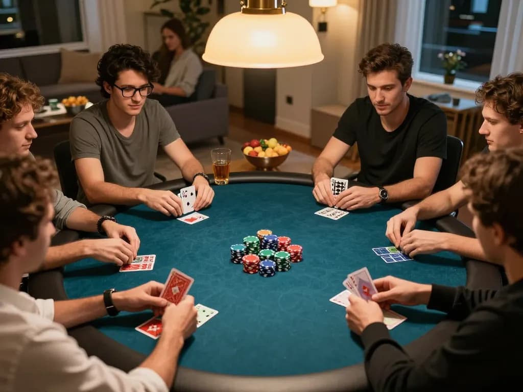 Engaging poker game scene at home showcasing players focused on their cards, capturing the excitement of ulat123.