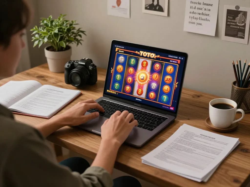 Player enjoying a thrilling toto slot game on a laptop in cozy home setting, emphasizing strategic gameplay