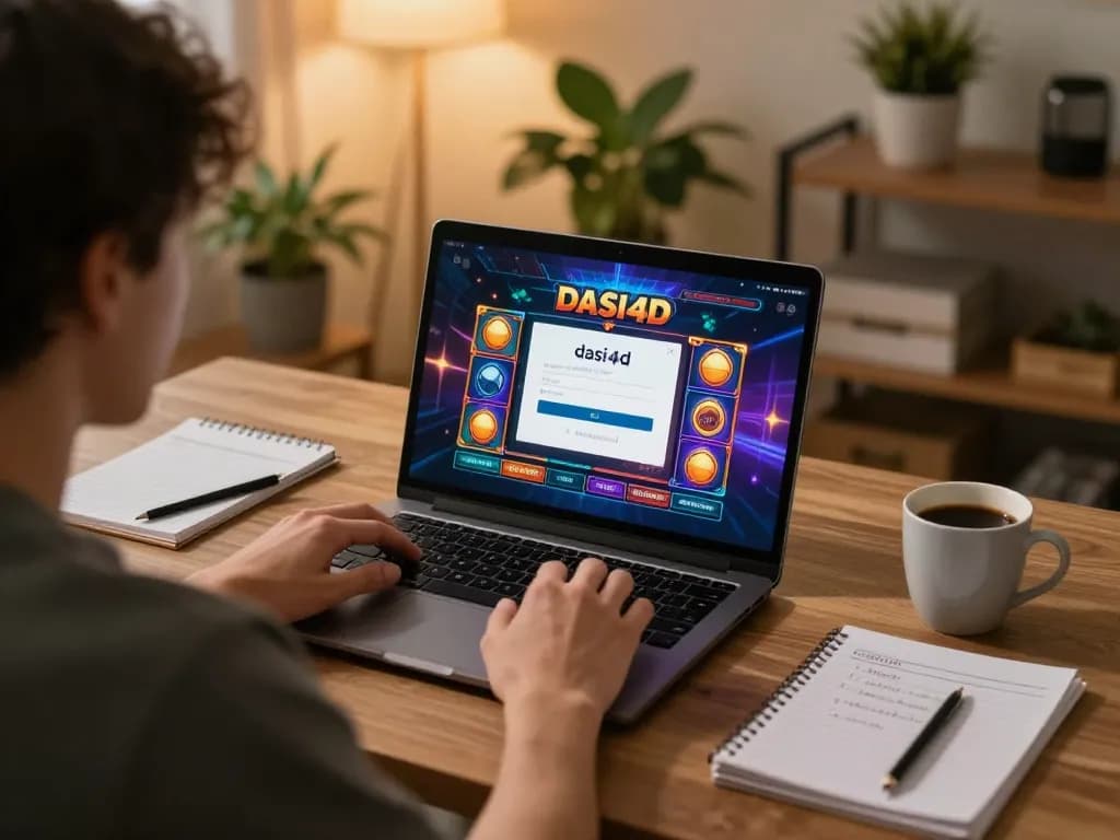 Pengguna mengakses dasi4d login di laptop, menampilkan grafik permainan slot yang hidup dalam lingkungan kantor rumah yang nyaman.