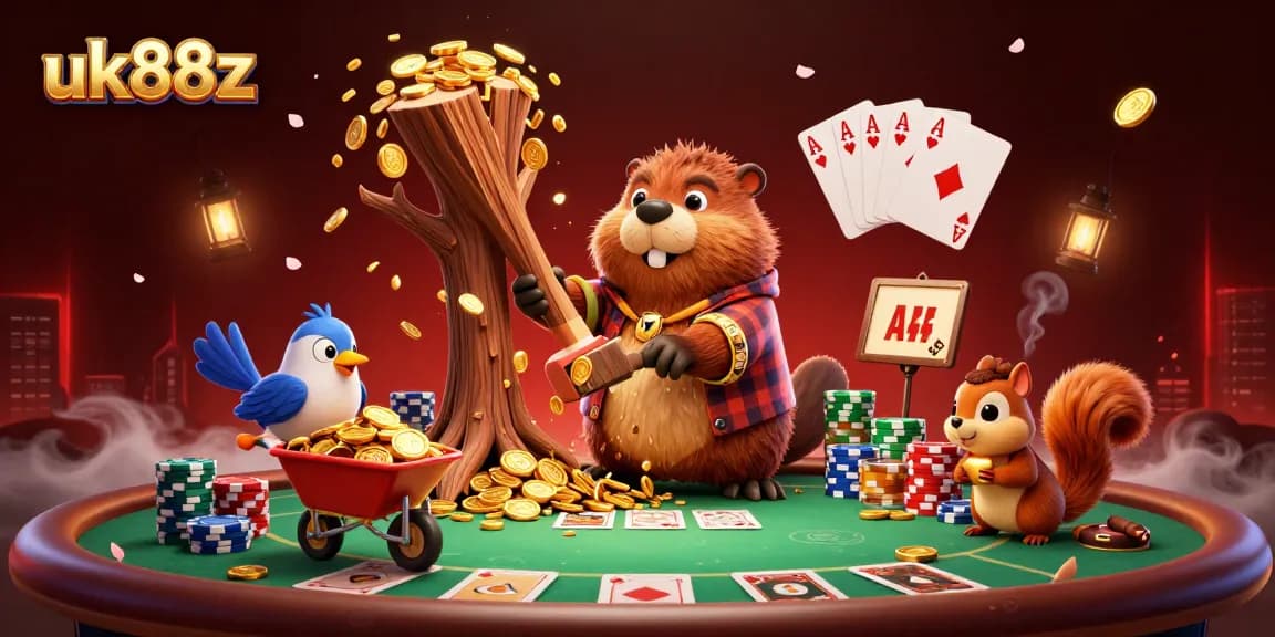 Experience the thrill of uk88z with a whimsical 3D beaver casino scene filled with poker action!
