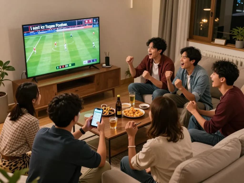 Kết quả bóng đá being celebrated in a lively home environment during a match.