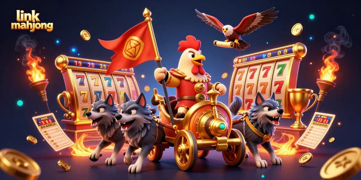 Experience the thrill with link mahjong featuring a rooster warlord and golden chariot in a vibrant casino scene.