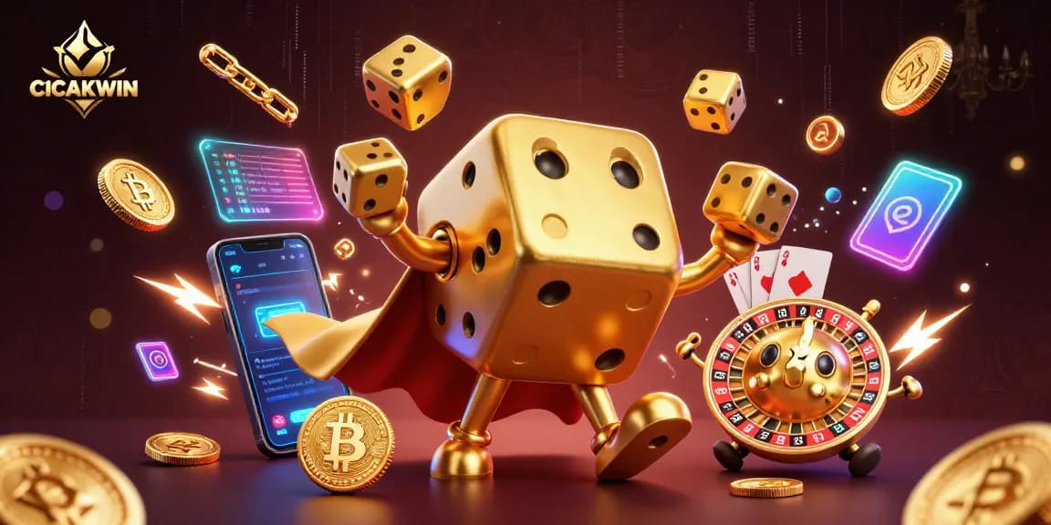 CICAKWIN's vibrant 3D illustration showcases a gold dice golem and crypto elements, embodying excitement in gaming.