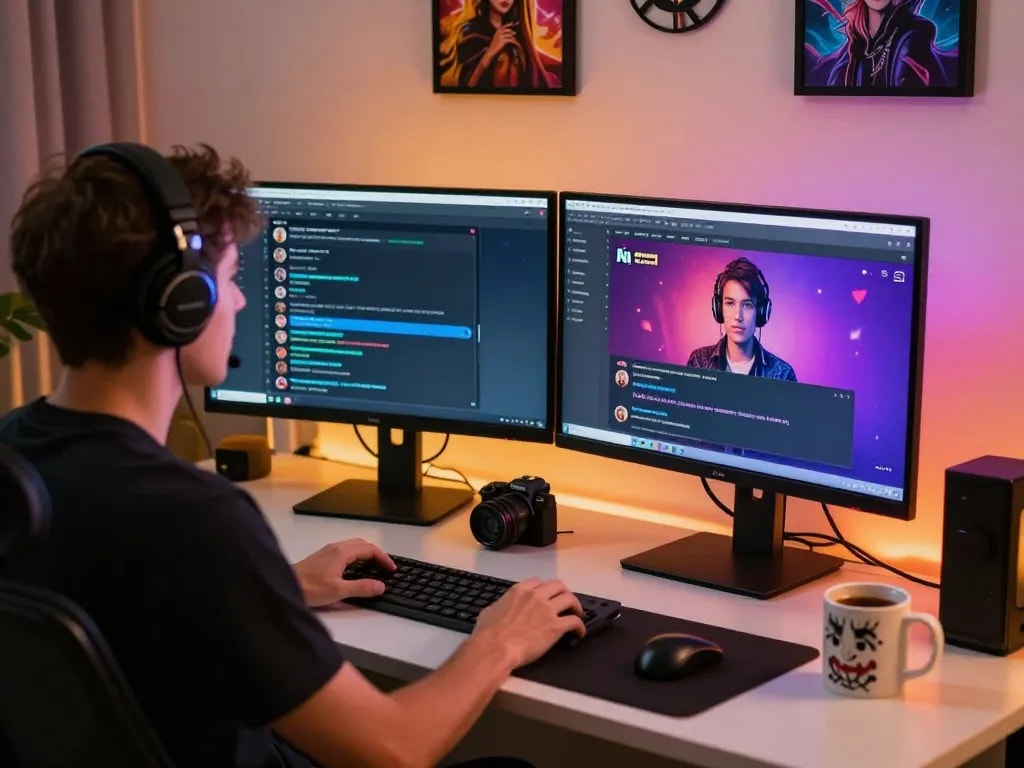 Engaging in ai sex chat in a modern workspace with vibrant digital interfaces and personalization elements.