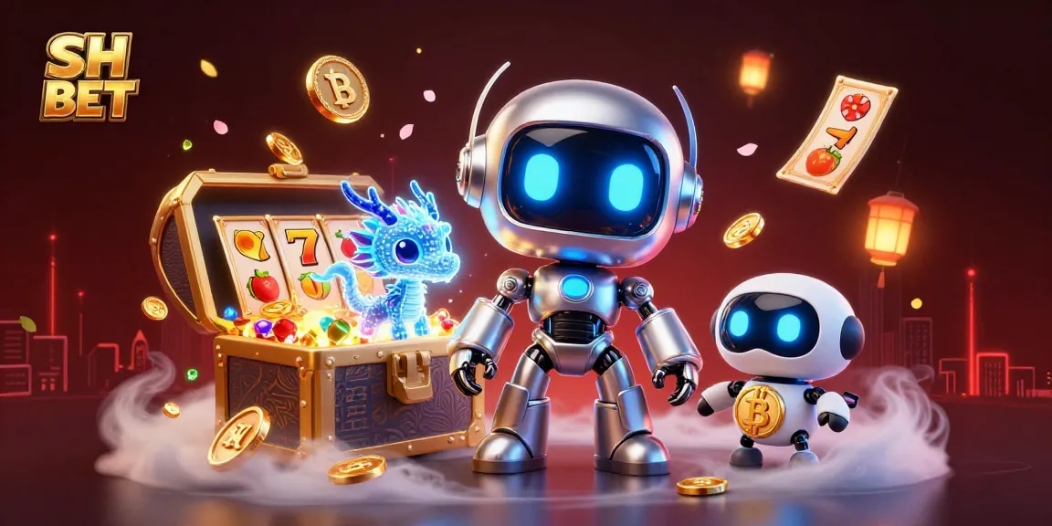 Engage with SH BET in a thrilling casino scene featuring vibrant slot reels and a cyberpunk robot mascot.