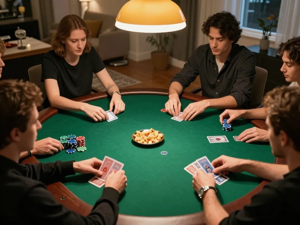 At home poker night showcasing friends engaged in gameplay while DAFTAR IDNSCORE chips are placed strategically on the table.