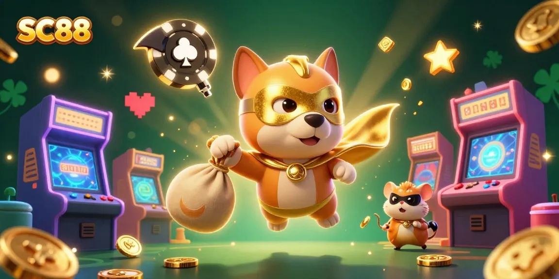 Experience exhilarating wins with SC88, featuring a playful dog hero, gold coins, and vibrant casino elements.