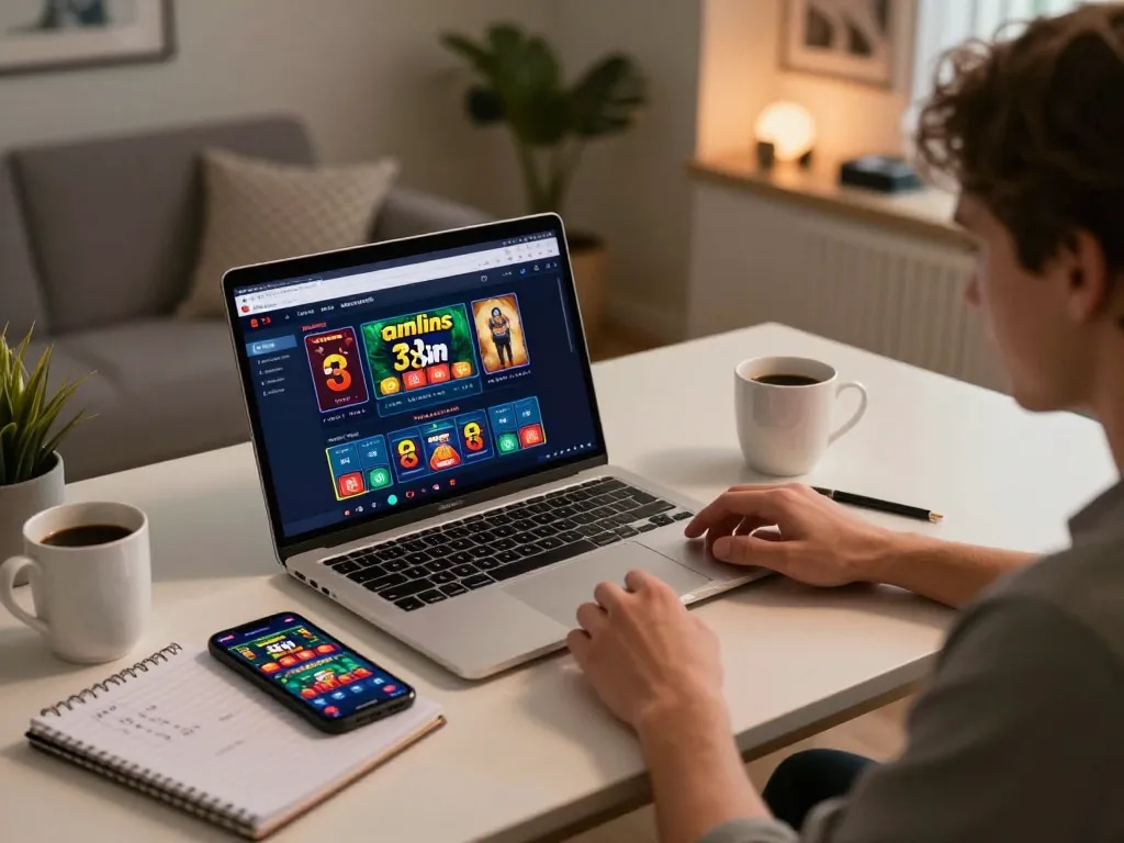 Experience the excitement of 33win online gaming with a stylish setup featuring a mobile app and strategic notes.