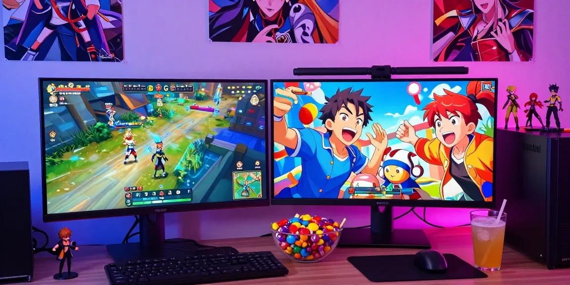 Dynamic scene of players enjoying a gay hentai game with vibrant characters and gaming setup, showcasing excitement and joy.