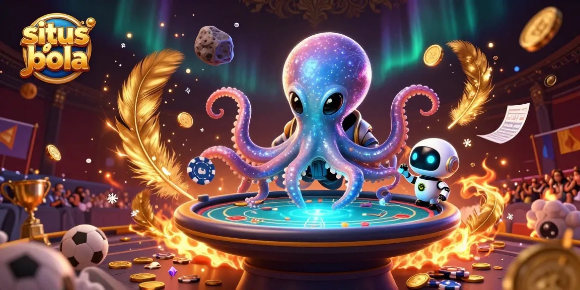 Engage in sports betting with situs judi bola, featuring a vibrant octopus dealer and orbiting tokens.