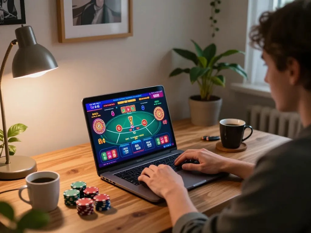 Player enjoying an engaging session on sky88 club while strategizing poker bets at home.