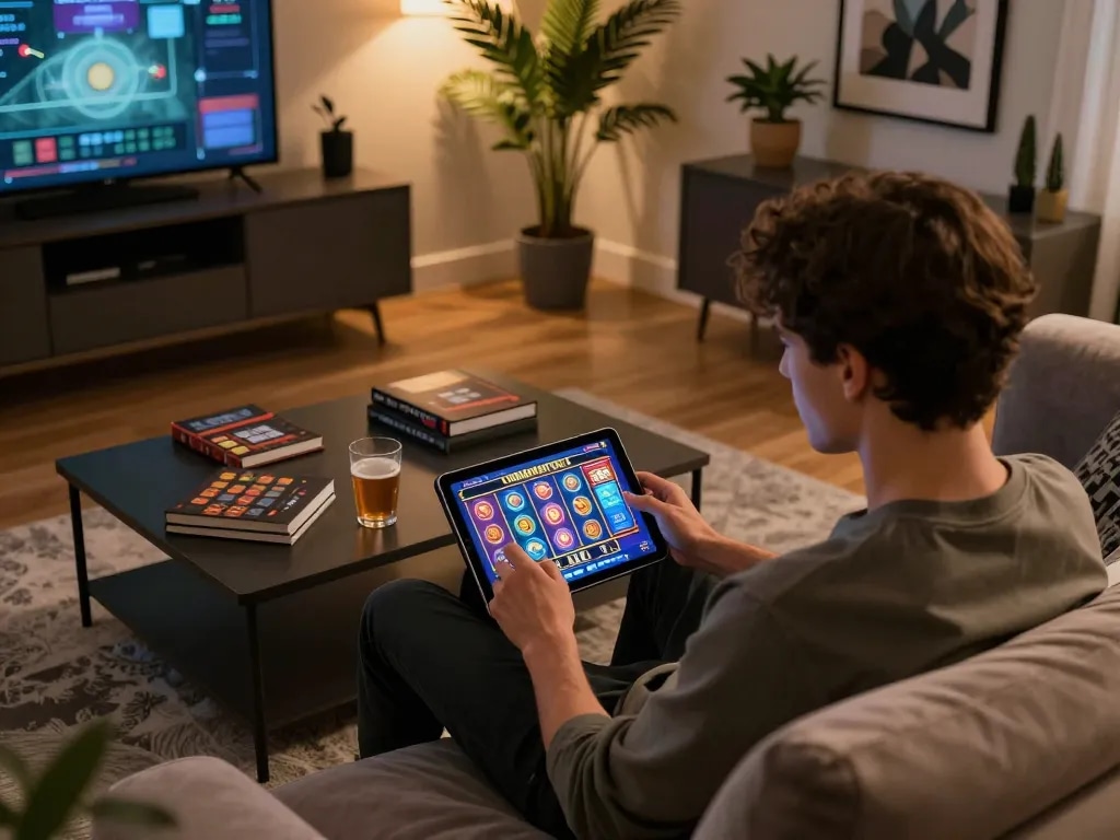 MPO08 player enjoying online slot games in a stylish home setup with strategic books