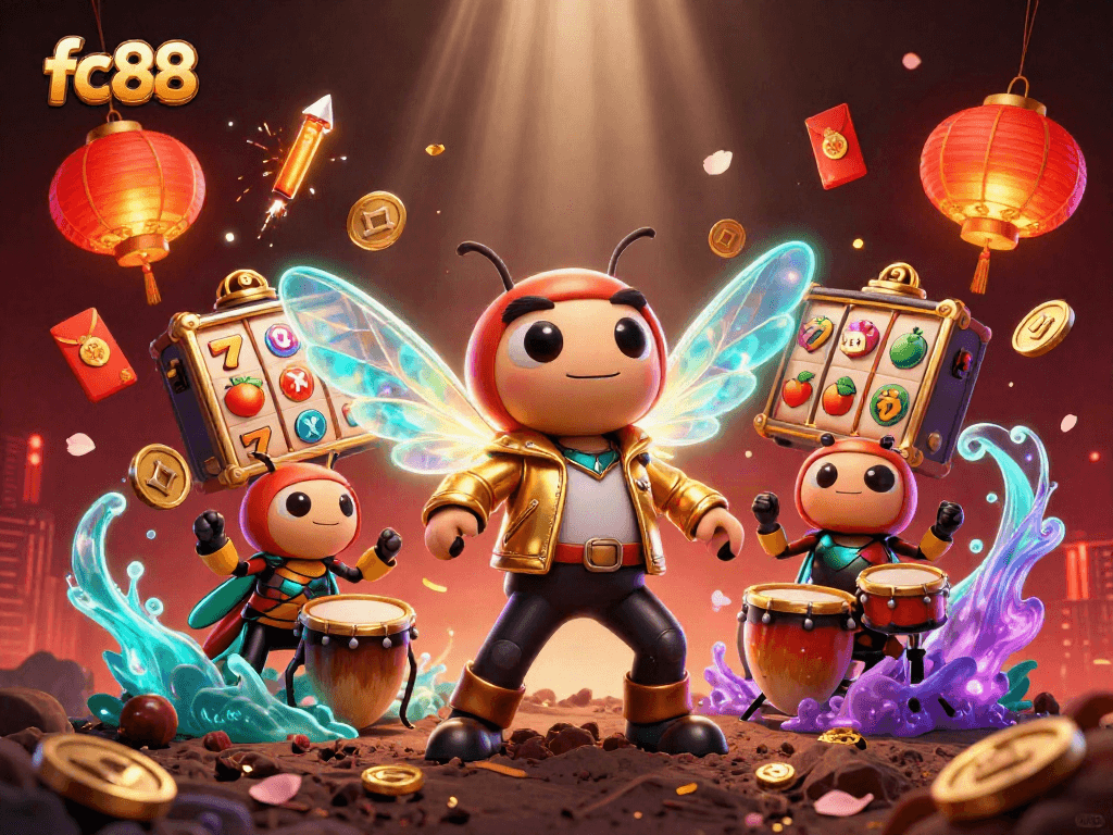 Hình ảnh fc88 mô tả một rock star cào cào và bạn diễn tại một sòng bạc đầy màu sắc.