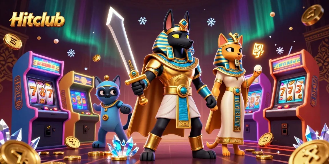 Experience thrilling gaming with Hitclub's vibrant casino illustration showcasing slot reels, Anubis, and Bastet.