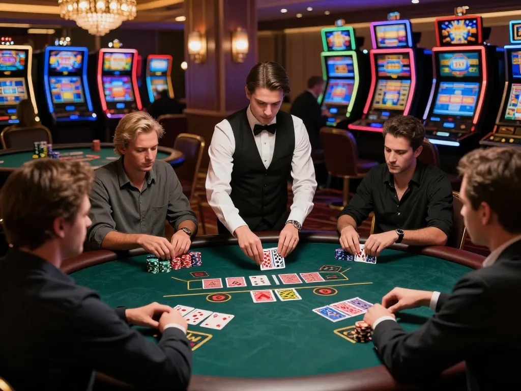 Engaged players at blackjack table strategizing to win with link cm88 mới nhất, capturing excitement in a luxurious casino.