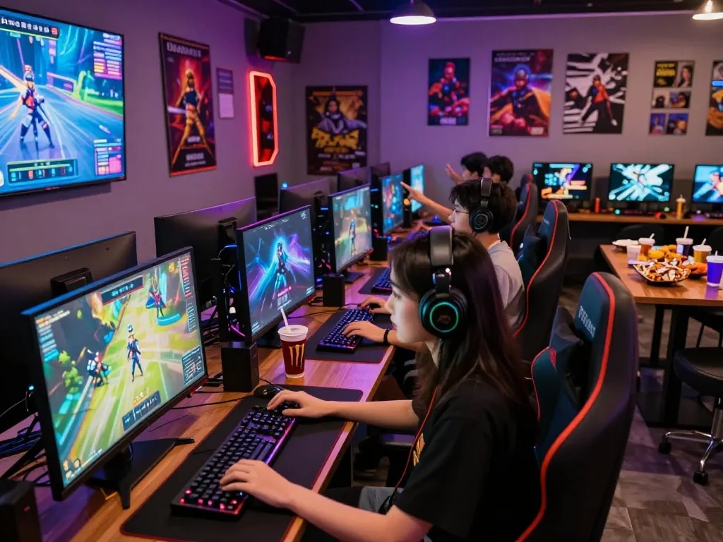 Engaged players enjoying online games at a vibrant gaming lounge; hoki288 atmosphere with colorful lighting and snacks.