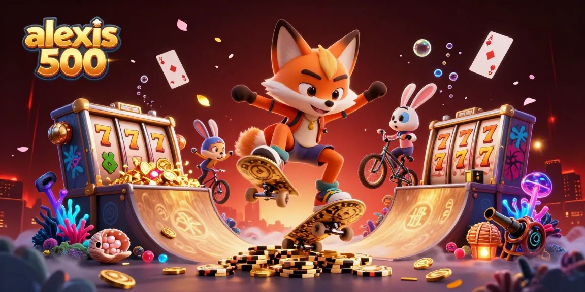 Experience the thrill of alexis 500 with dynamic characters amidst vibrant casino symbols and gold treasures.