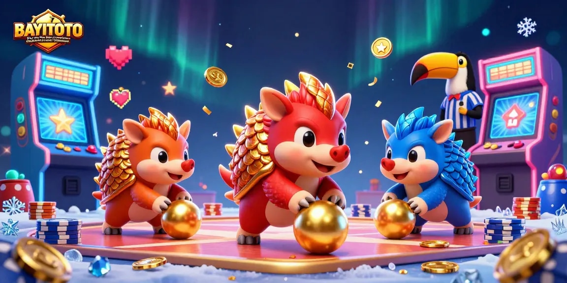 BAYITOTO Situs Toto Togel Terpopuler dengan Layanan Terpercaya showcases a dynamic game scene with armored pangolins rolling through poker chips and gaming elements.