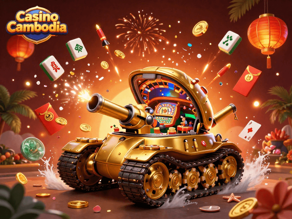 Experience the excitement of casino cambodia with an interactive 3D gaming scene featuring a golden beetle tank and casino elements.