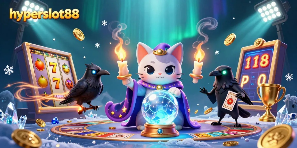 Engage with hyperslot88's thrilling gaming adventure featuring mystic elements, slot reels, and vibrant coins.