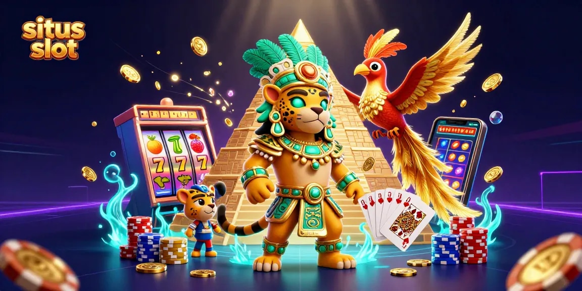 Mengakses situs slot dengan mesin slot beruntung dan simbol buah yang menawan di tengah pemandangan kasino yang berkilauan.