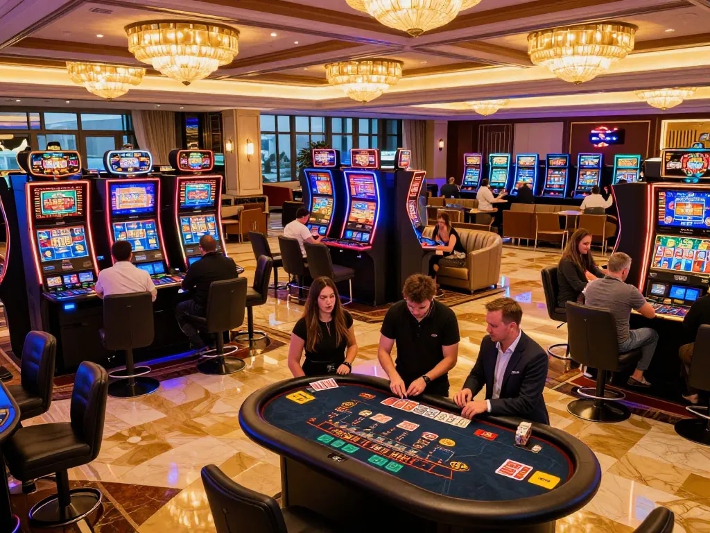 KONG88 players enjoying a vibrant casino atmosphere, immersed in slot machines and blackjack action.