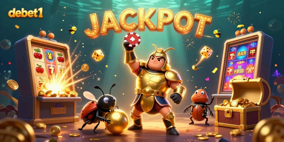 Experience the excitement of debet1 with a vibrant 3D scene celebrating casino jackpots.