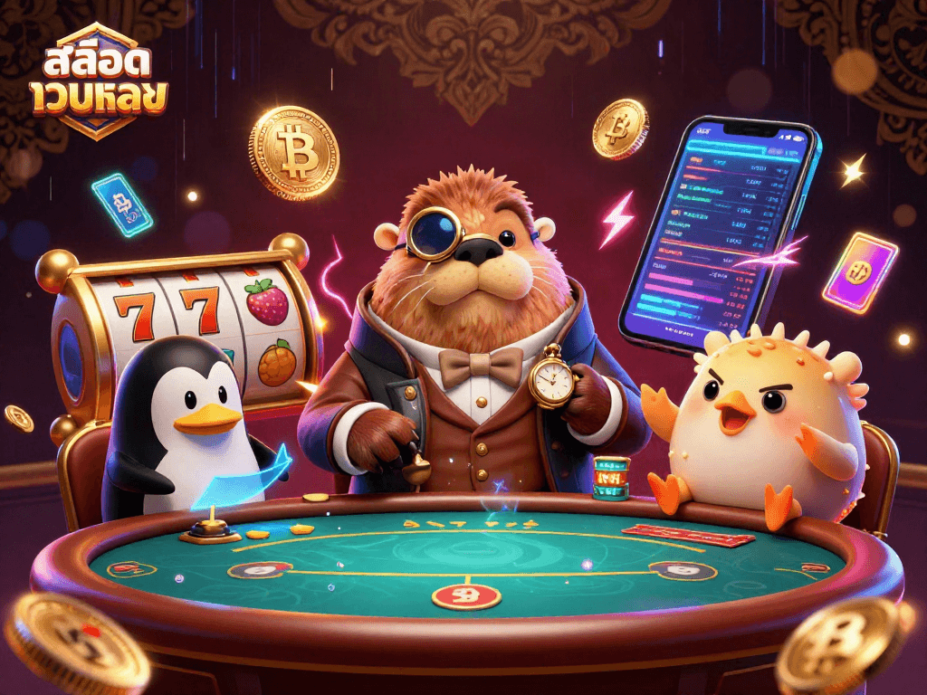 Engaging 3D illustration showcases สล็อตเว็บตรง with a jolly walrus and a penguin dealer at an underwater poker table.