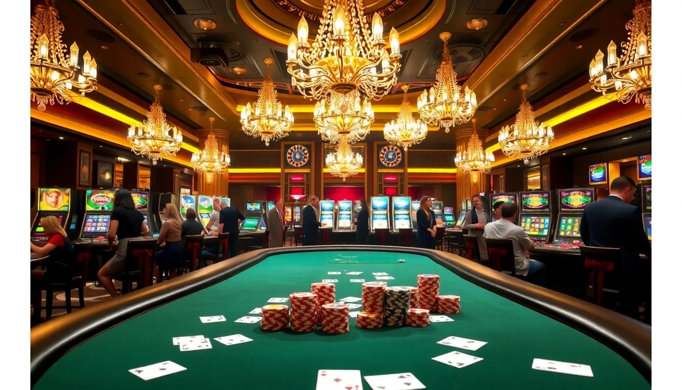 Experience the excitement of RR88 at a luxurious poker table surrounded by vibrant slot machines.