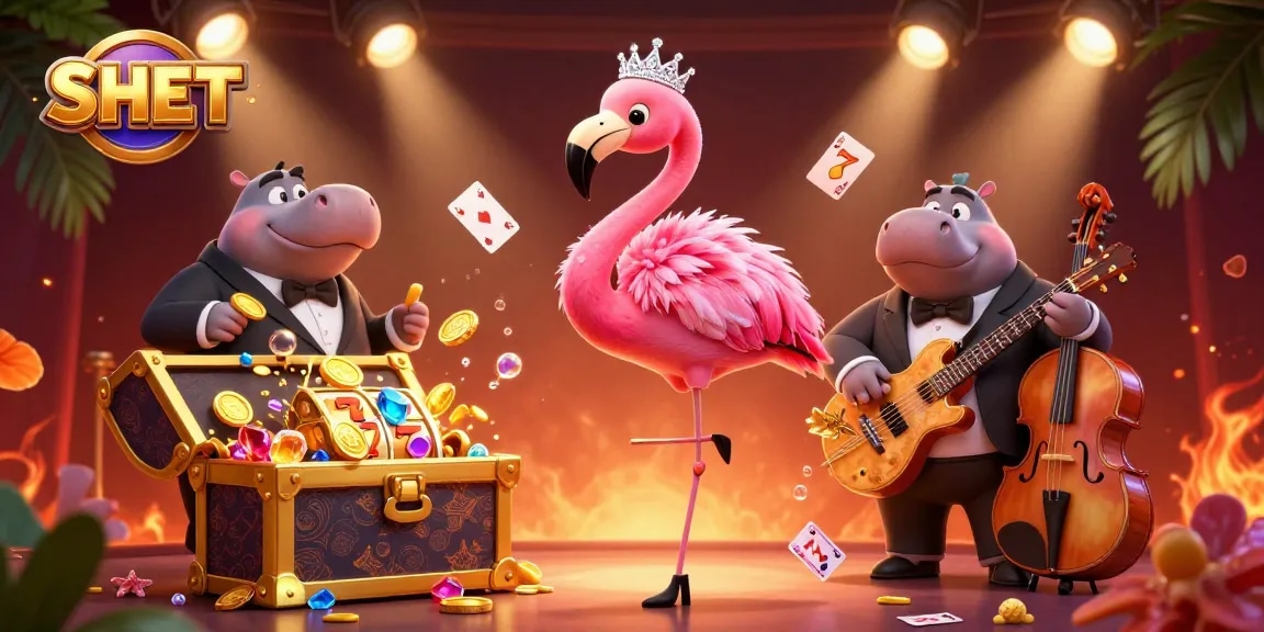 Experience SH BET with vibrant casino visuals showcasing a 3D flamingo singer and hippo bassist amidst slot reels and gold.