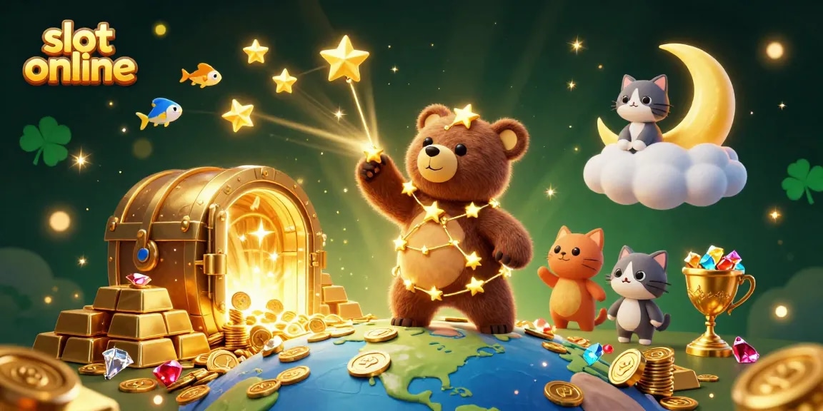 Menggoda pemain slot online dengan simbol slot, bintang, dan koin melimpah.