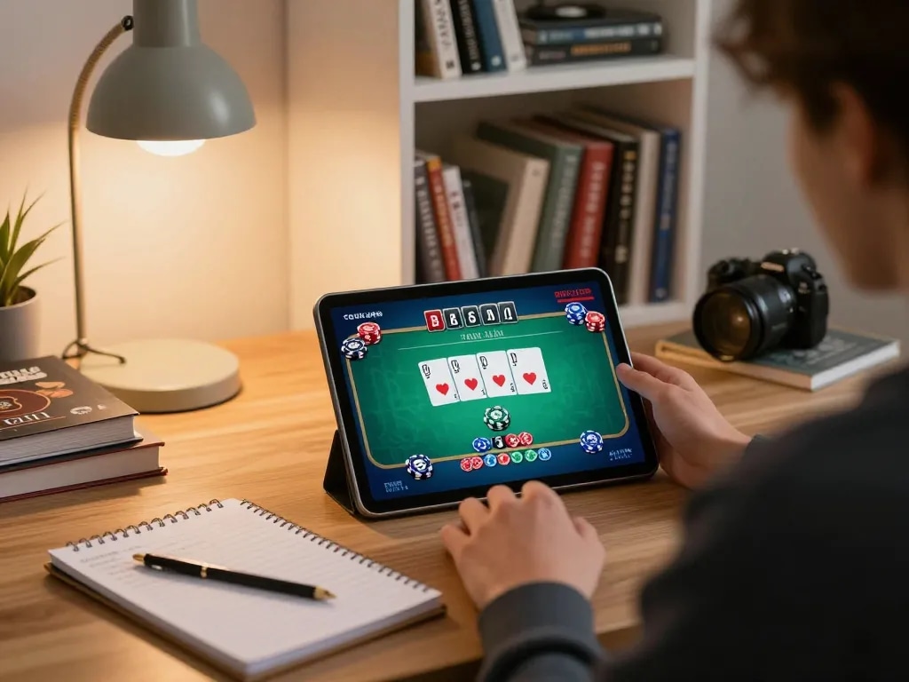 Sunwin poker strategy in action at home with tablet game interface and notepad notes.