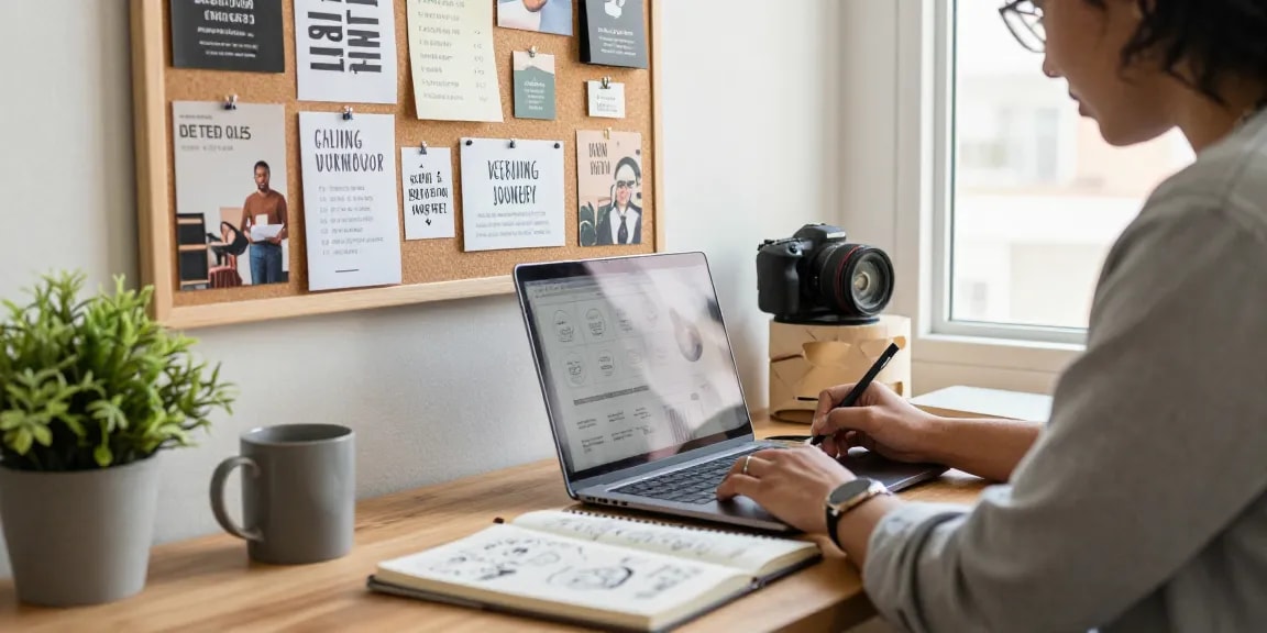 Perjalanan branding pribadi dengan individu di kantor rumah yang nyaman, menampilkan halte4d pada catatan dan inspirasi.