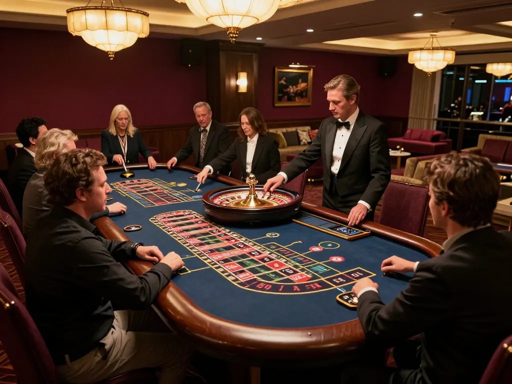 Players engaging at a roulette table, showcasing SC88 betting strategies in a luxurious casino environment