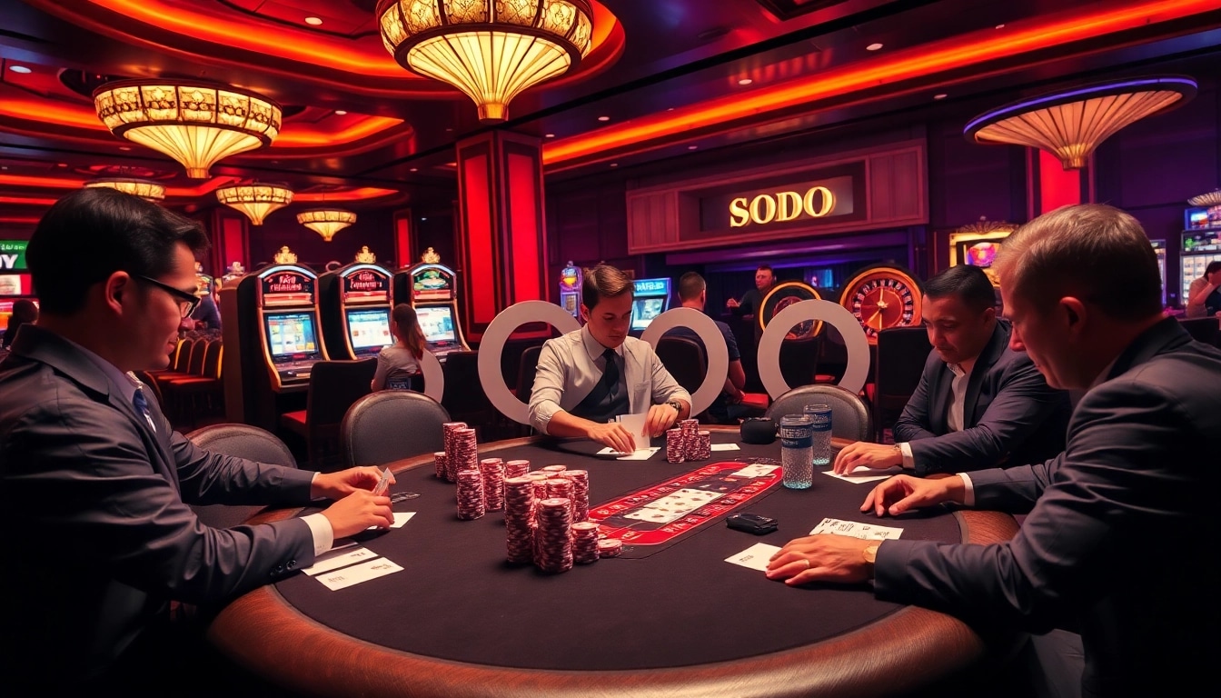 SODO Casino scene with high-stakes poker players, vibrant chips, and a roulette wheel.
