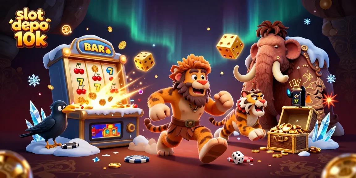 Experience jackpot excitement with slot depo 10k amidst colorful casino elements and playful characters.