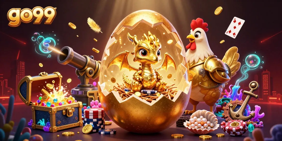 Experience go99's vibrant casino world with a golden dragon and poker chips.