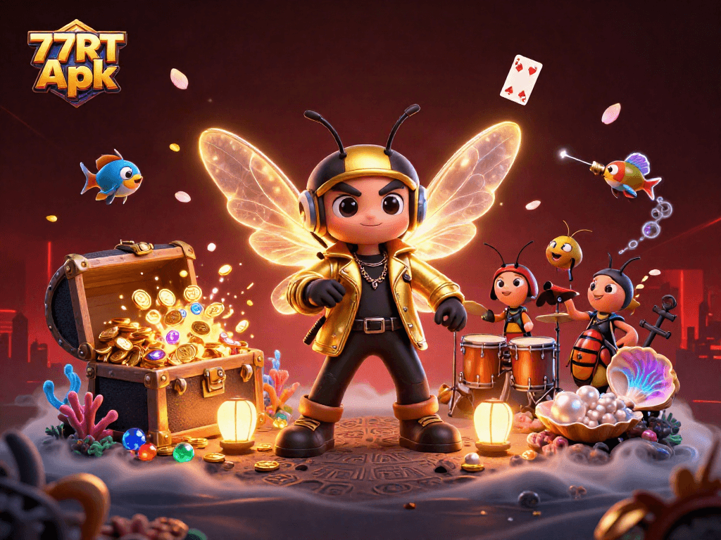 Experience the excitement of the 77RT Apk with a vibrant 3D casino illustration featuring a rock star cicada.