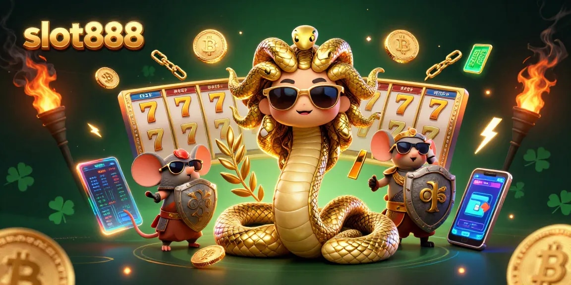 Mencoba slot888 untuk menang jackpot dengan Medusa dan mouse pejuang di dunia kasino yang cerah.