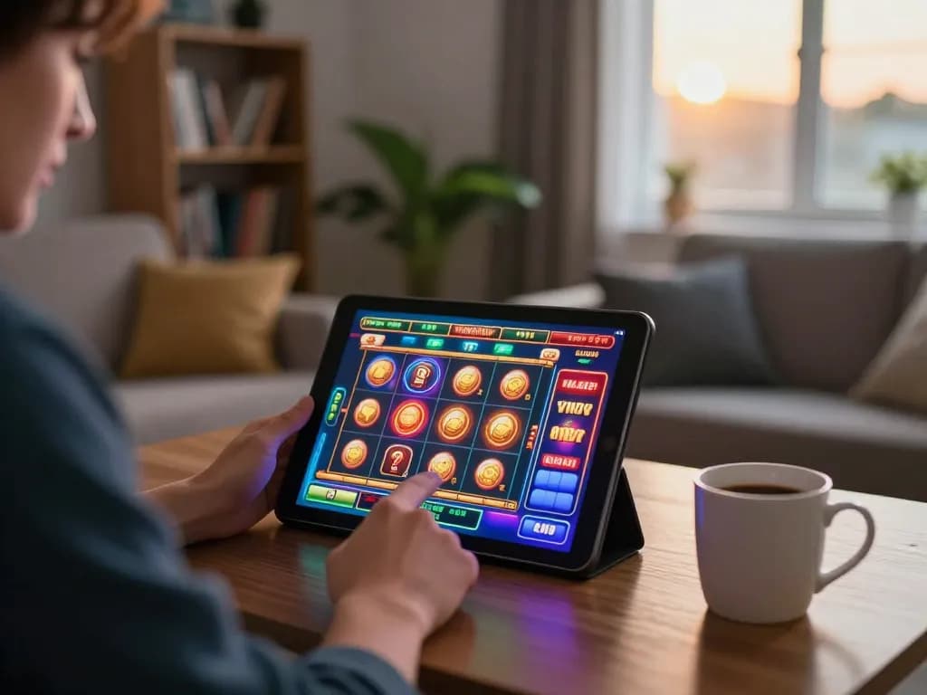 Engaging scene of mpoid user enjoying a vibrant online slot game at home, showcasing casual entertainment and responsible gaming.