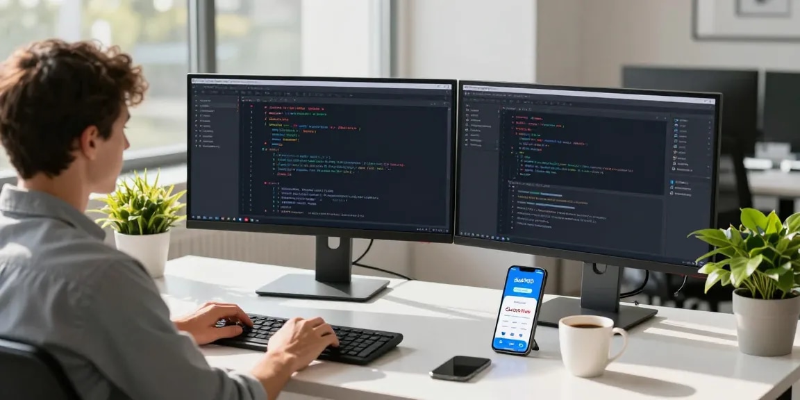 Developer coding for the slot7000 platform in modern office setting with multiple screens.